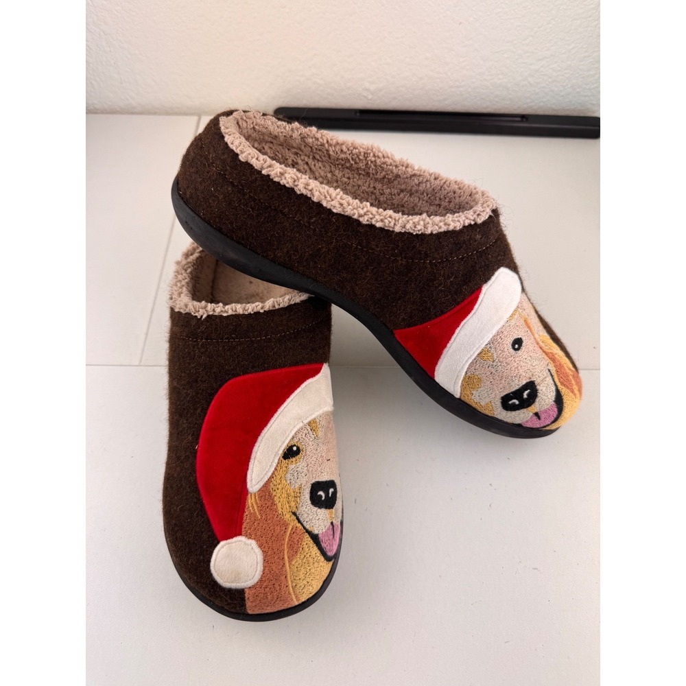 L.L. Bean Womens Daybreak‎ Dog Santa Appliqué Wool Slippers Red Felt Lined Sz 10